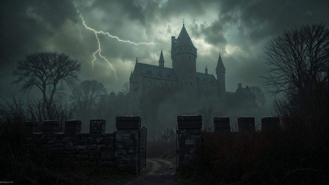 Spooky Gothic Castle with Lightning in Stormy Twilight