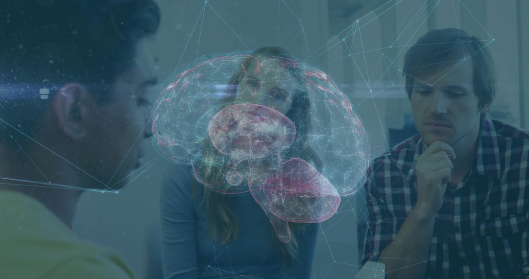 Professionals Analyzing Holographic Brain Model in Futuristic Meeting