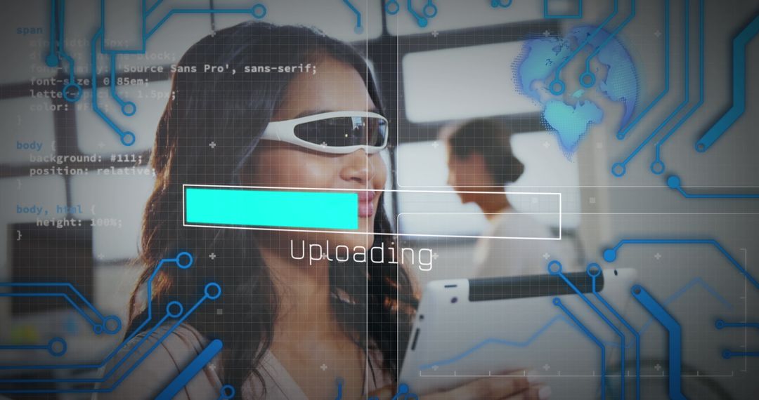 Woman Using VR Headset for Digital Data Upload