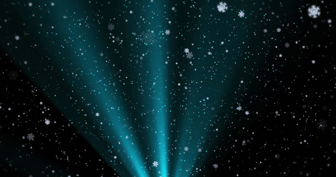 Falling Snowflakes with Glowing Light Beams in Winter Night Sky