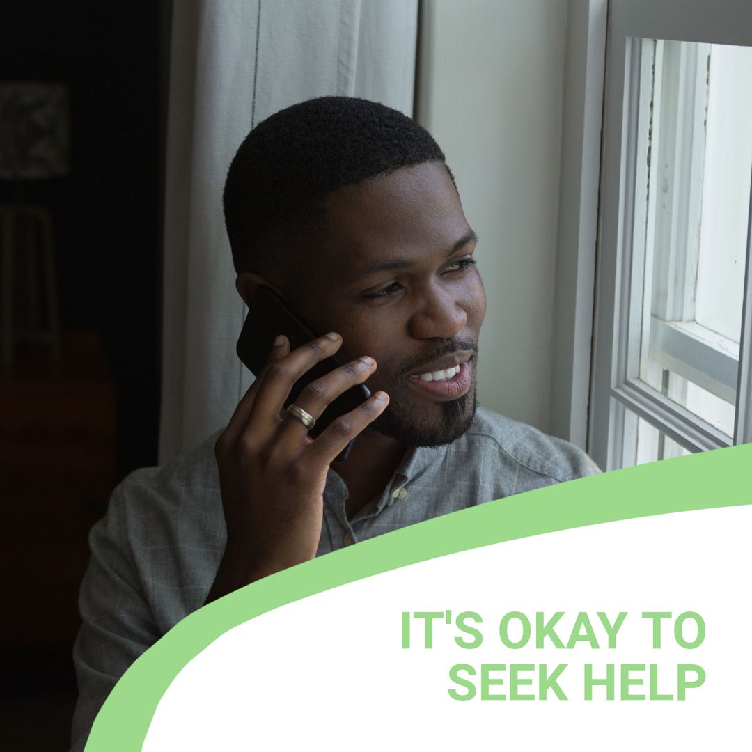 Encouraging Mental Health Support Message with Smiling Man on Phone