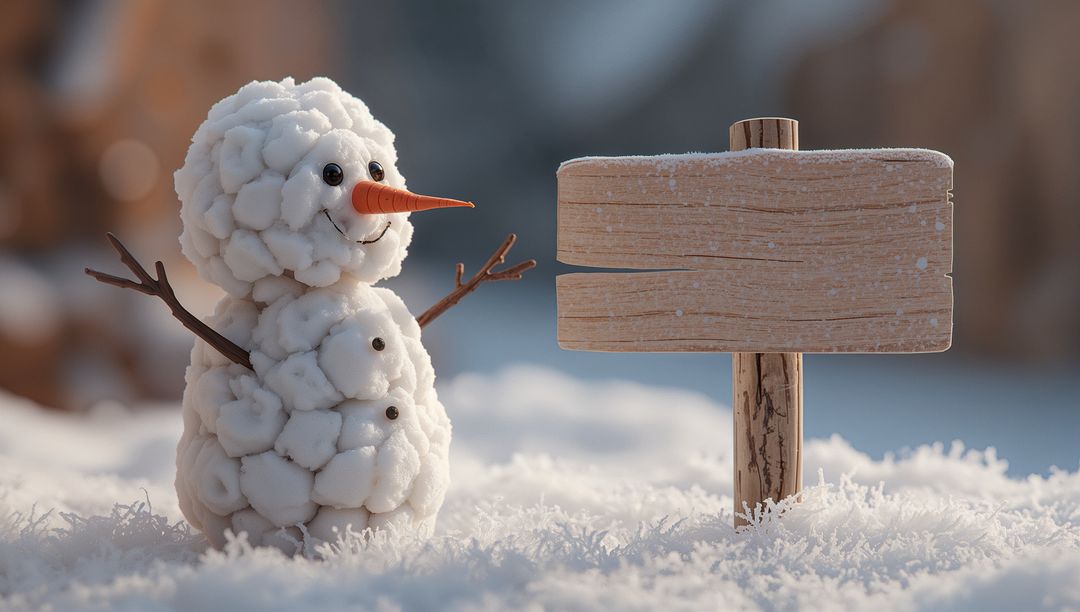 Cheerful Snowman with Empty Rustic Sign in Snowy Wilderness