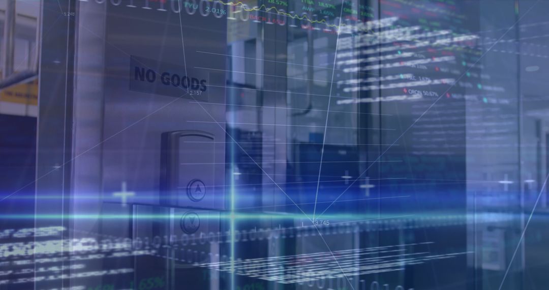 Digital Data Streams Flowing Through Modern Office Elevator