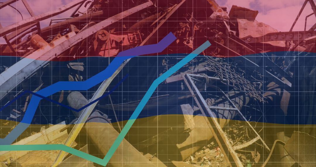 Flag of Armenia with Graphs Over Scrap Metal in Junkyard