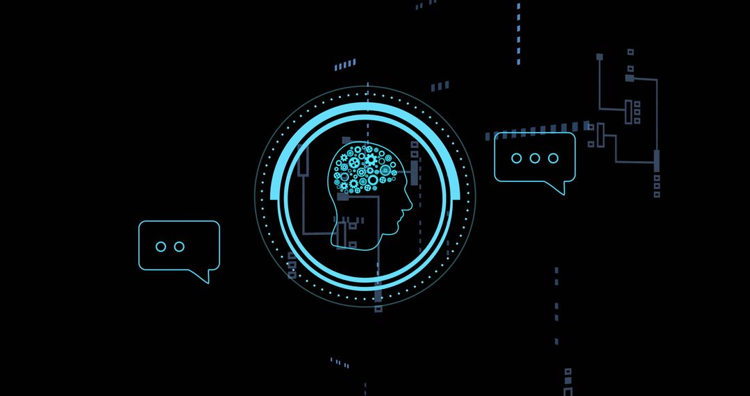Artificial Intelligence Brain with Gears and Chat Bubbles