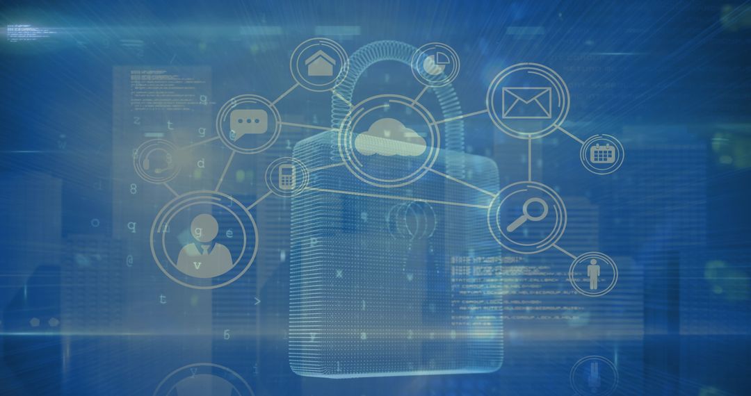 Digital Security Network with Padlock Icon on Blue Background