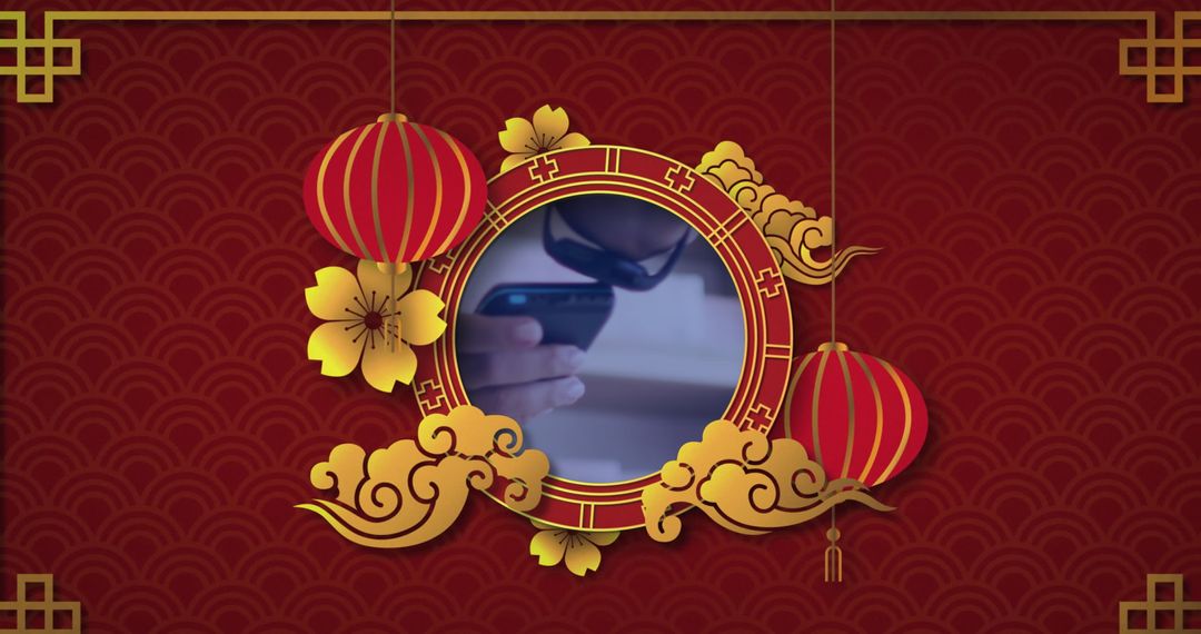 Elegant Oriental Design with Gold Frame and Red Lanterns