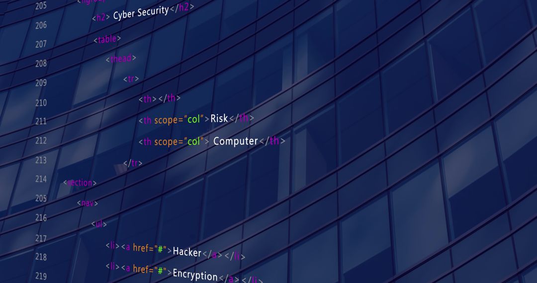 Digital Code Overlay on Blue Glass Skyscraper Facade