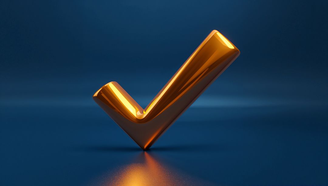 Shining Gold Check Mark on Glossy Surface with Blue Gradient Background