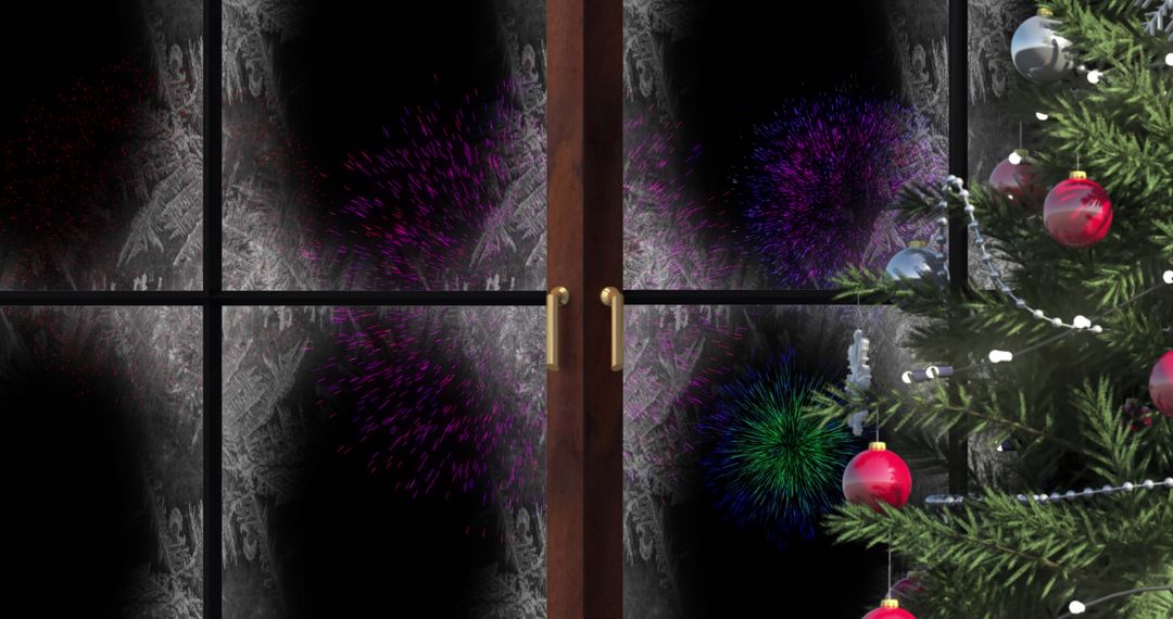 Festive Window View with Fireworks and Christmas Tree