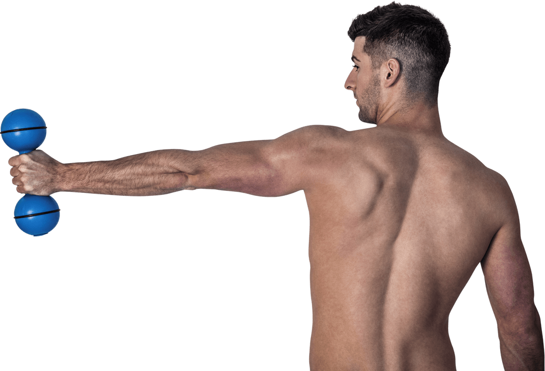 Transparent Muscular Man Stretching with Dumbbell