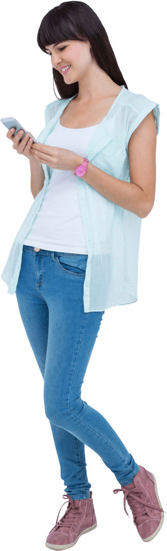 Happy Young Woman Texting Transparent Mobile Communication