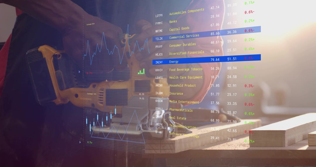Woodworker cutting plank with jigsaw and digital stock market overlay blending craft and tech