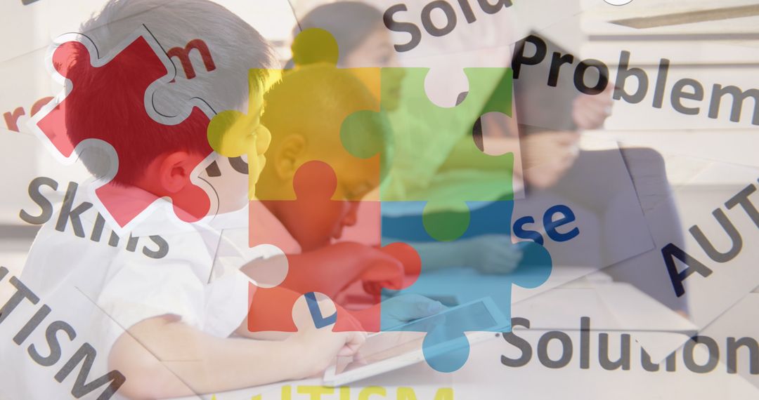Colorful Puzzle Overlay Highlights Autism Awareness with Diverse Children Using Tablets
