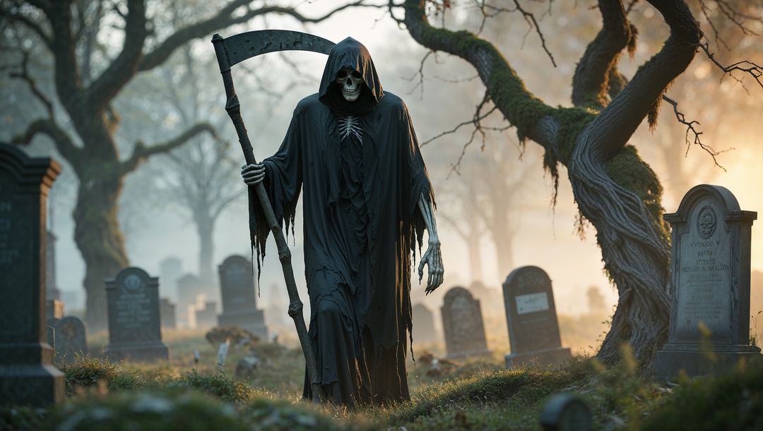 Eerie Grim Reaper Strolling in Foggy Cemetry at Dawn