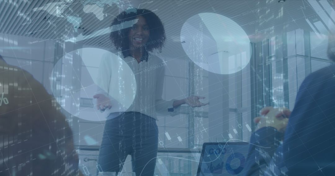 Businesswoman Presenting Financial Data with Global Graph Overlay