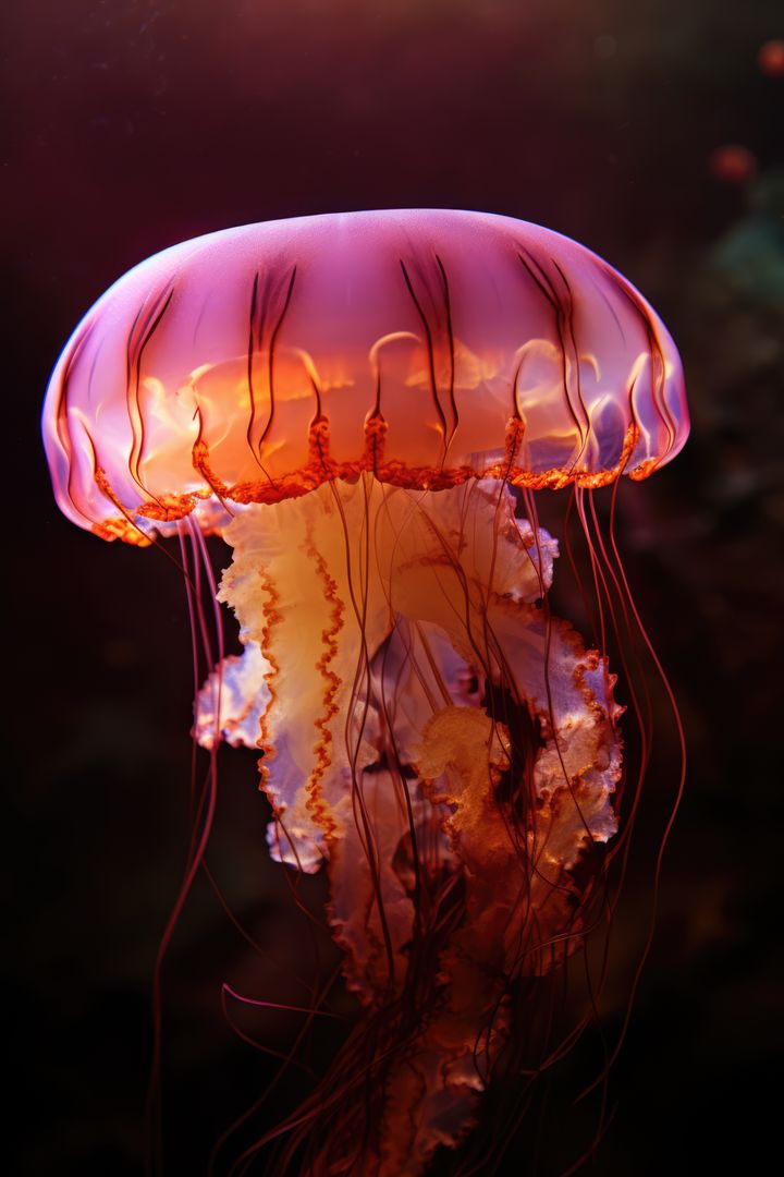 Close up of pink glowing jellyfish underwater, created using generative ai technology - Free Images, Stock Photos and Pictures on Pikwizard.com