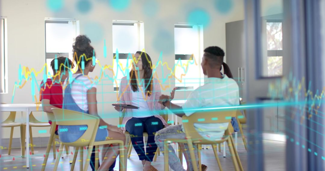 Facilitator leading youth group discussing ideas in collaborative circle with data overlay