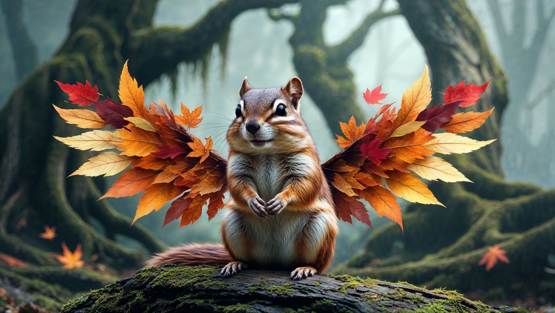 Fantasy Chipmunk with Leaf Wings in Mystical Forest Setting