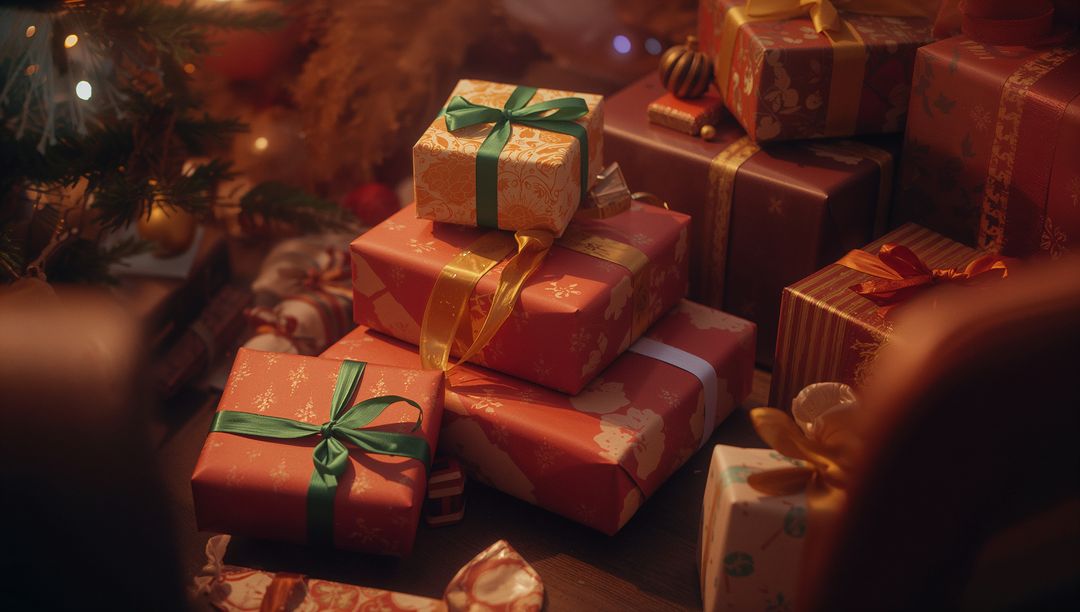 Wrapped Christmas Gifts with Festive Ribbons Under Tree