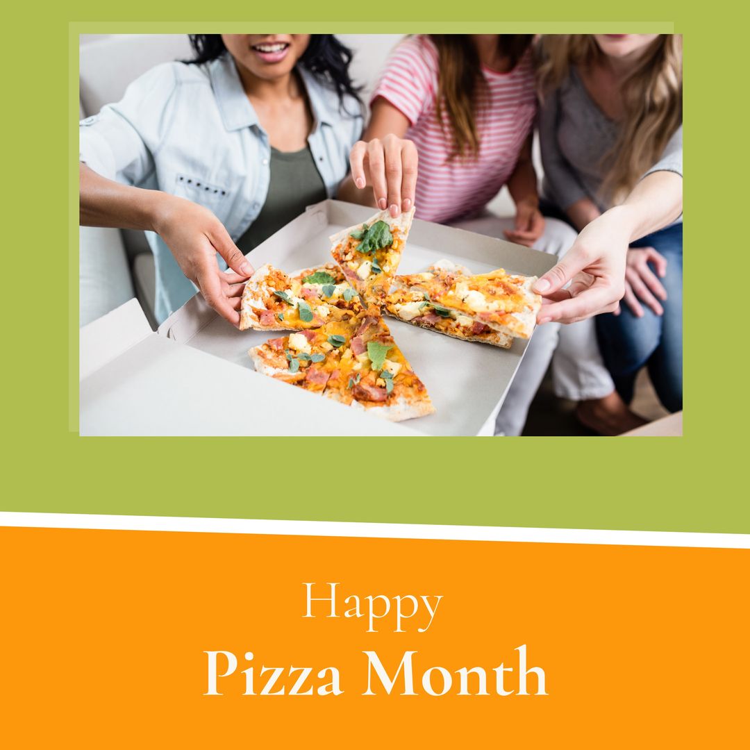 Happy Pizza Month Celebration with Friends Sharing Pizza - Download Free Stock Templates Pikwizard.com
