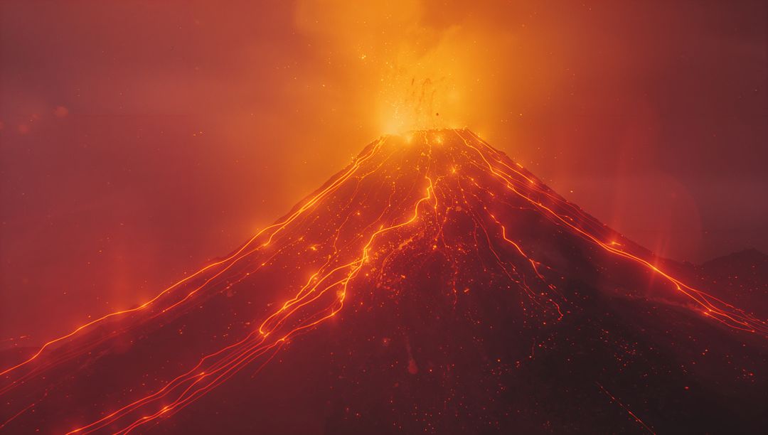 Explosive Volcano Eruption at Night with Molten Flows