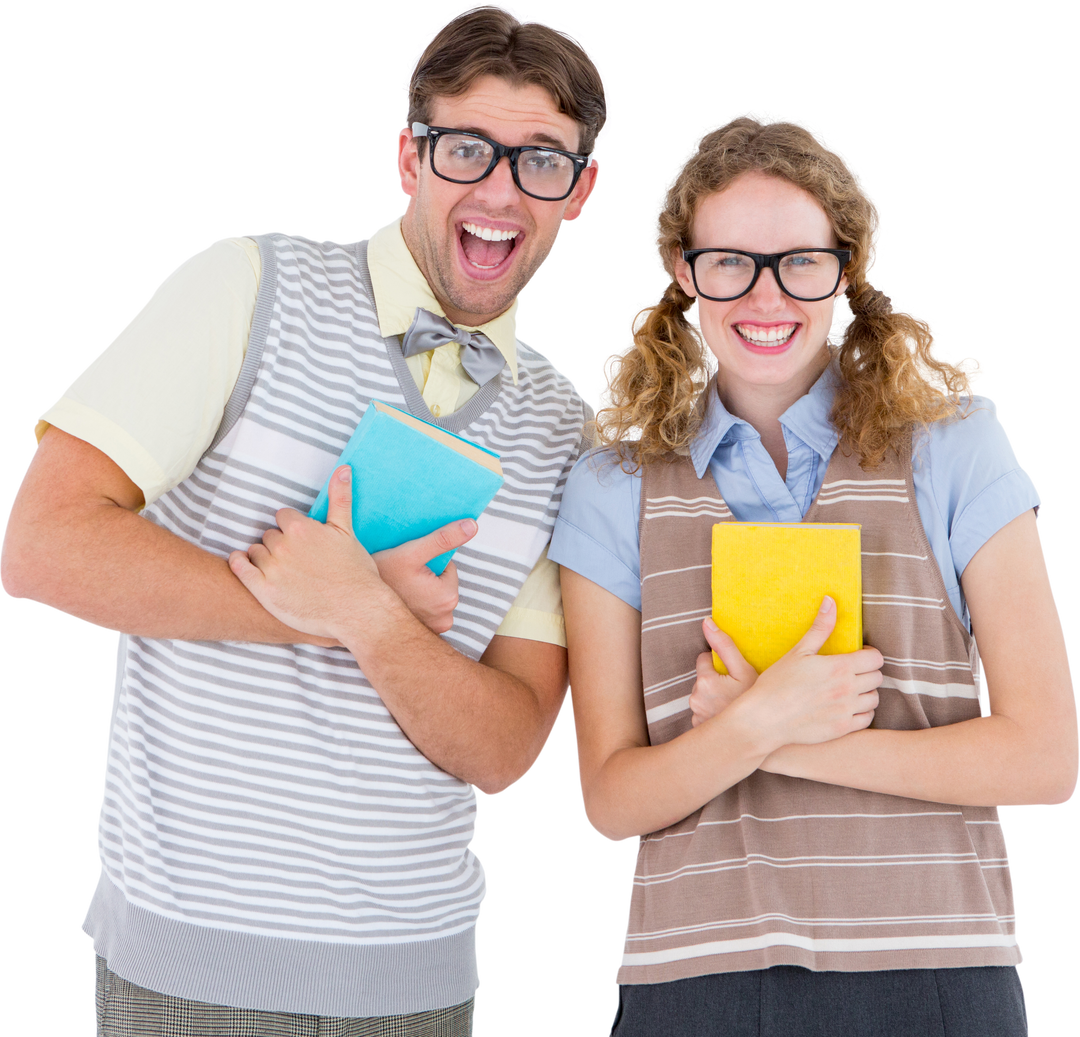 Transparent image of geeky hipster couple holding books and smiling at camera - Download Free Stock Images Pikwizard.com