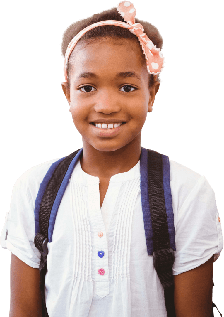 Smiling Girl with Backpack in White Blouse on Transparent Background