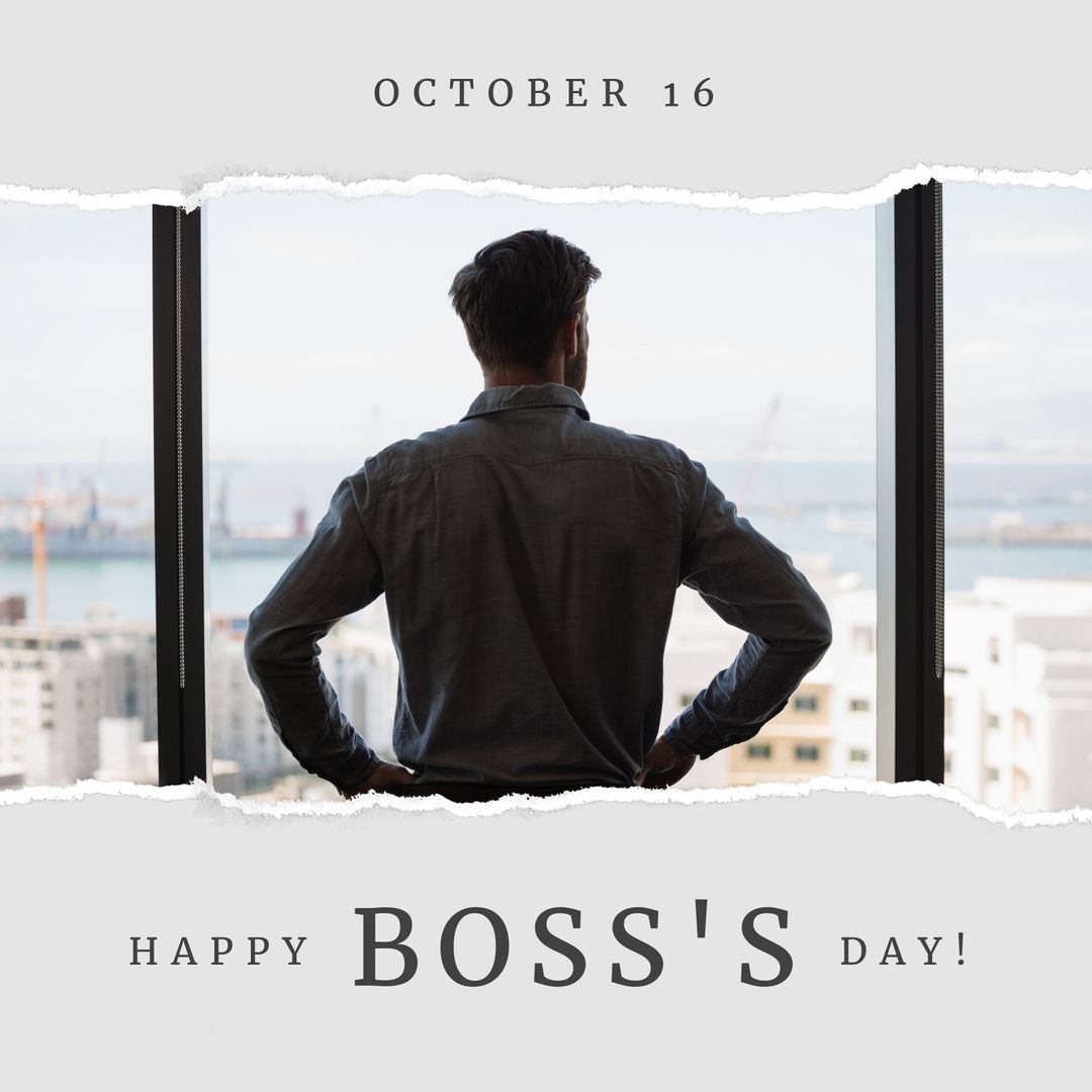 Happy Boss's Day Greeting with Businessman Standing at Office Window - Download Free Stock Templates Pikwizard.com