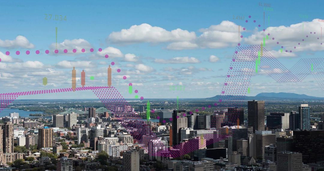 Modern Cityscape with Overlay of Financial Graphs and Data