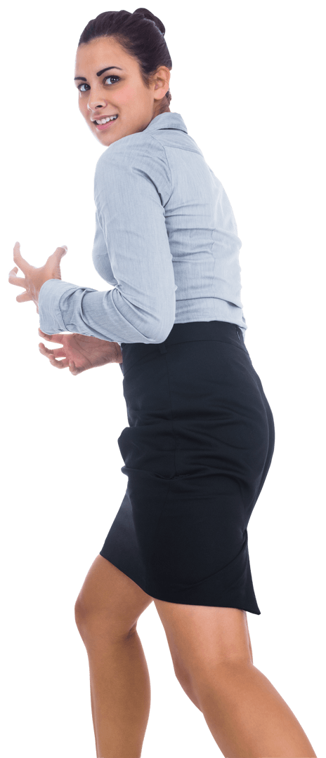 Smiling Businesswoman Moving in a Transparent Setting