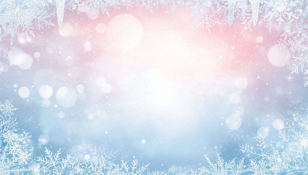 Glowing pastel winter background with frosted snowflake border and soft bokeh glow