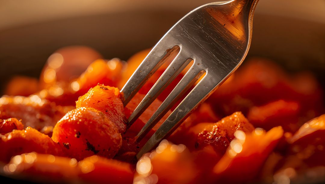 Fork lifting sauced gnocchi with glossy tomato glaze, macro bokeh, rustic comfort