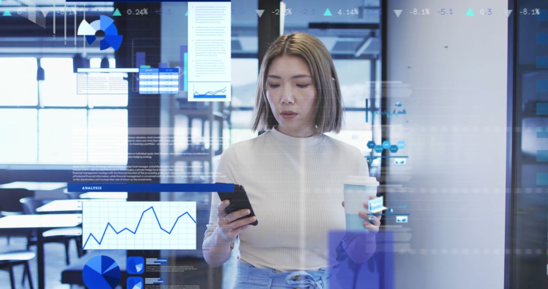 Businesswoman Analyzing Data with Smartphone and Coffee in Modern Office