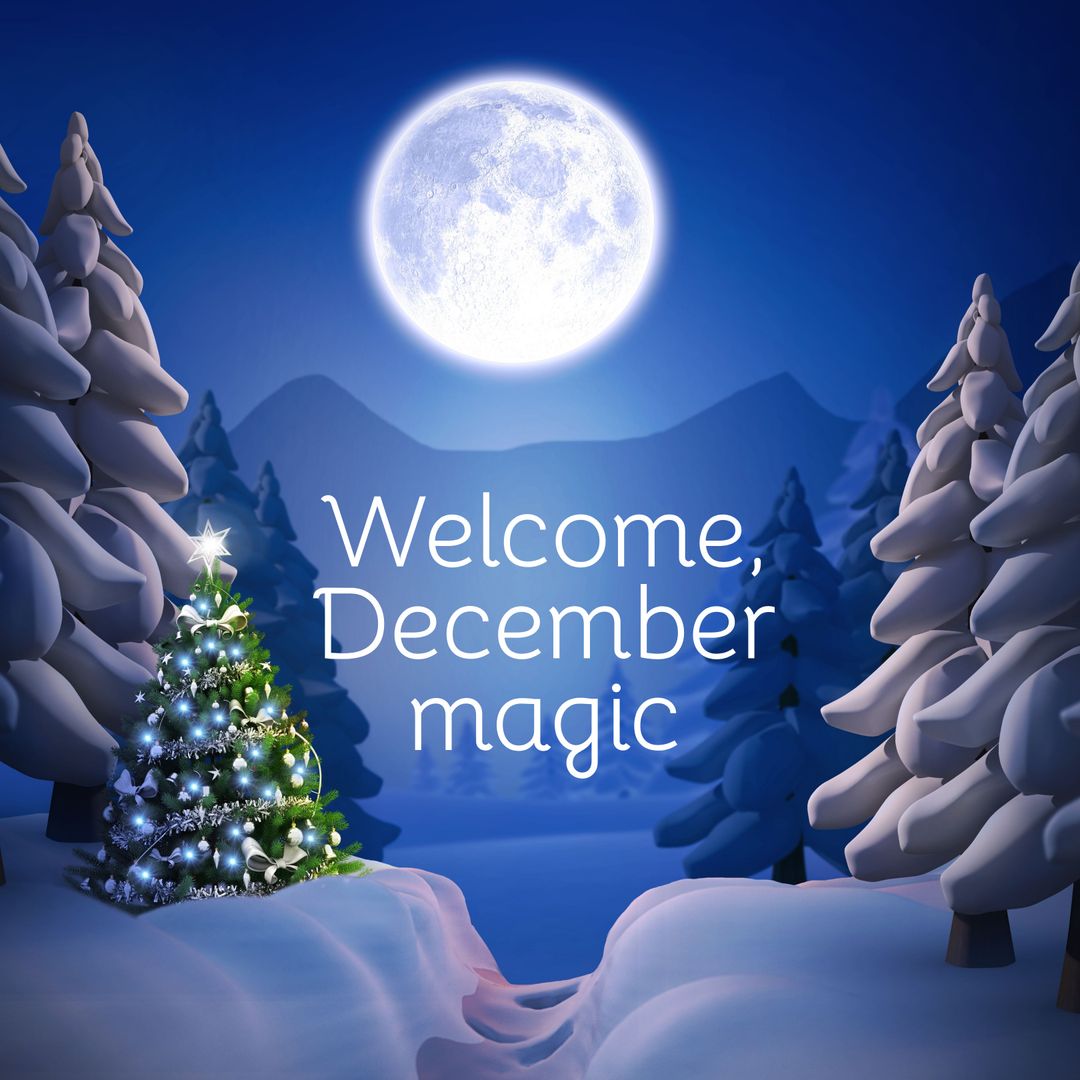 Winter Wonderland with Christmas Tree Under Full Moonlight - Download Free Stock Templates Pikwizard.com