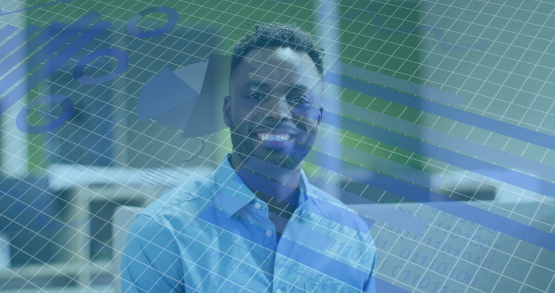 Smiling Businessman with Abstract Data Overlay in Modern Office