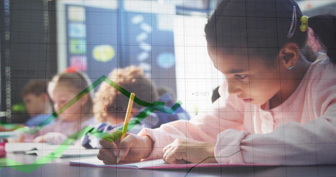Focused Children Learning in Classroom with Data Analysis Overlay