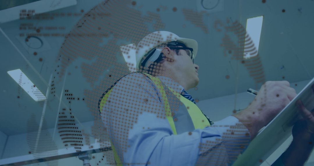 Engineer Analyzing Digital Blueprints in Industrial Plant