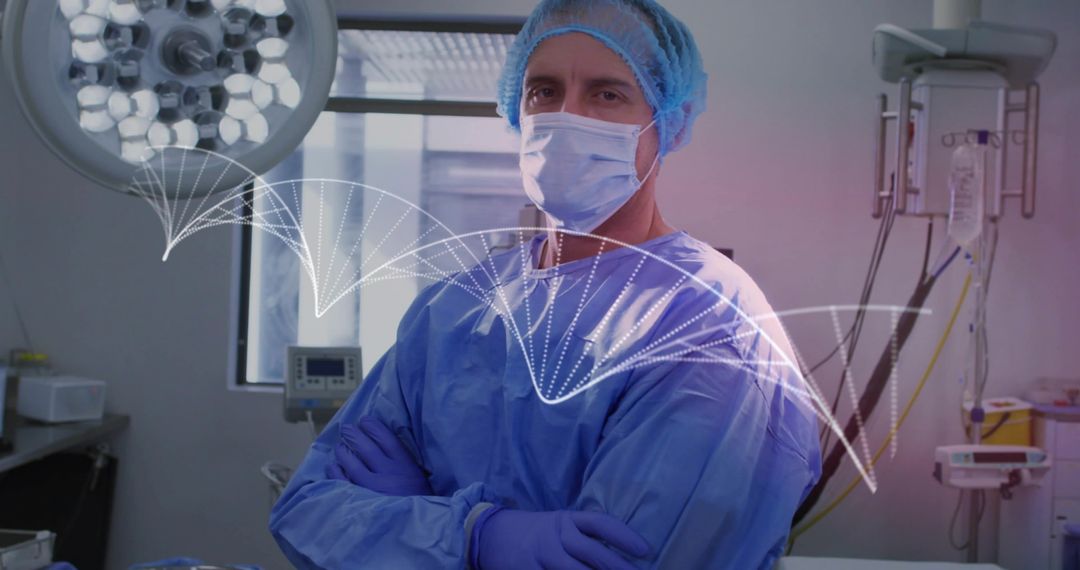 Surgeon Standing in Operating Room Wearing PPE with Vital Waveform Overlay for MedTech