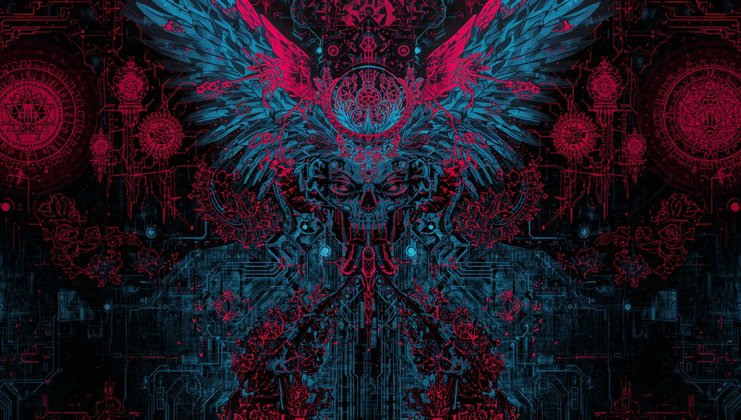 Neon Cyberpunk Skull with Circuit Wings and Futuristic Motifs