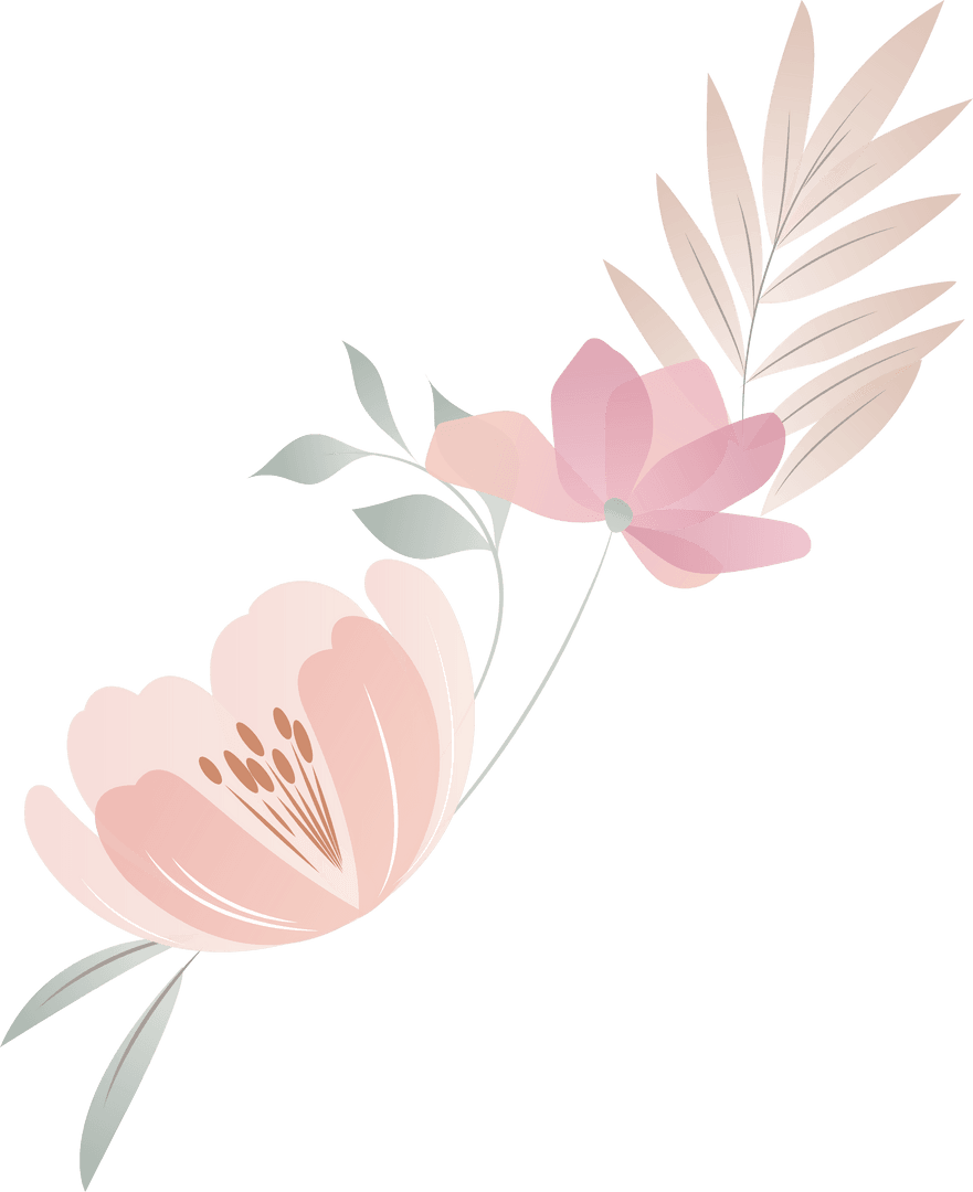 Elegant Transparent Floral Illustration with Pink Flowers and Leaves