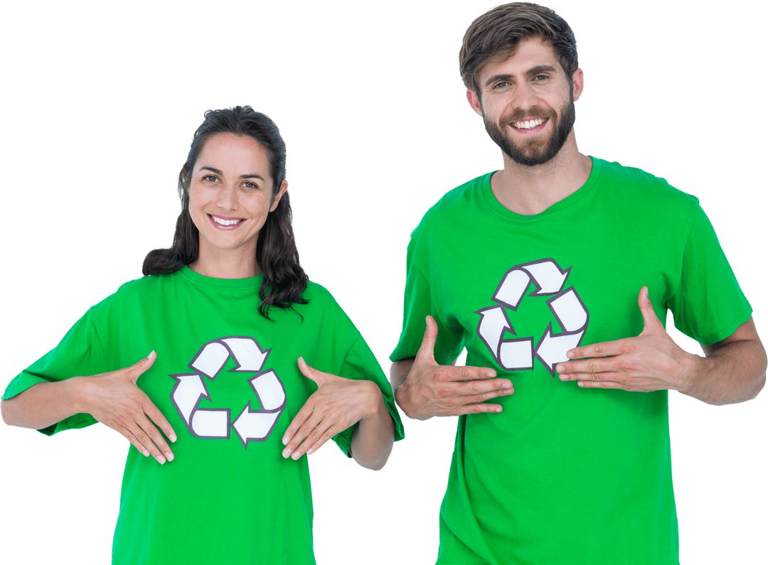 Caucasian Couple in Green Recycling T-Shirts on Transparent Background