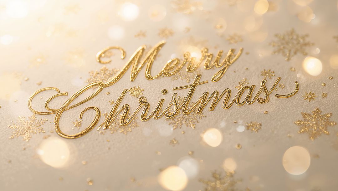 Luxurious gold-embossed Merry Christmas script on textured cardstock with glitter bokeh