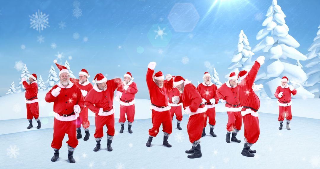 Excited Group of Santa Clauses Dancing in Snowy Winter Wonderland - Free Images, Stock Photos and Pictures on Pikwizard.com