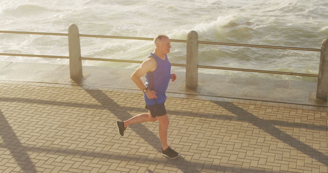 Senior Man Jogging Near Sea at Sunrise - Free Images, Stock Photos and Pictures on Pikwizard.com