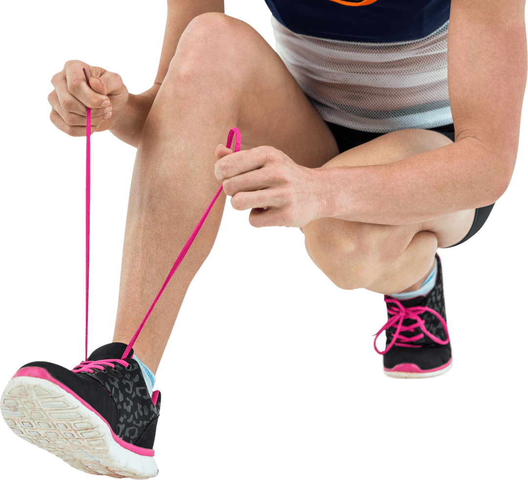 Athlete Tying Bright Pink Shoelace on Transparent Background