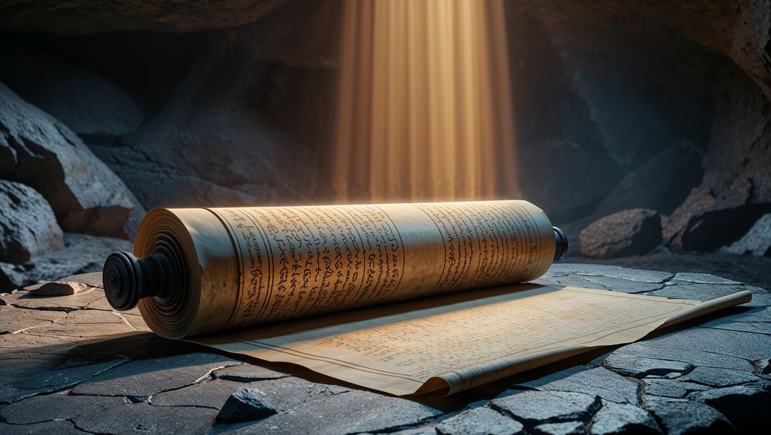 Ancient Scroll on Stone Table with Sunbeam in Cave
