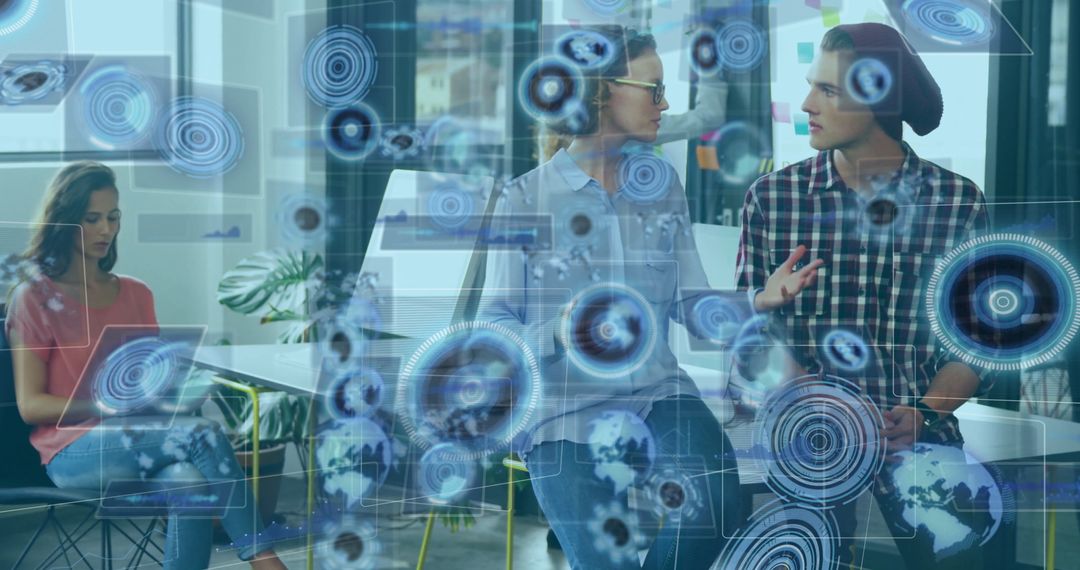 Team Collaboration with Futuristic Holographic Technology in Modern Office