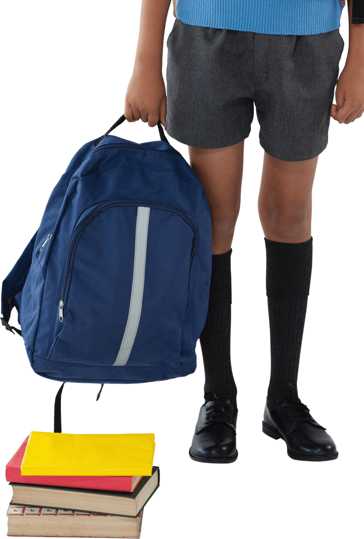 Transparent Background Schoolboy Holding Blue Backpack with Books