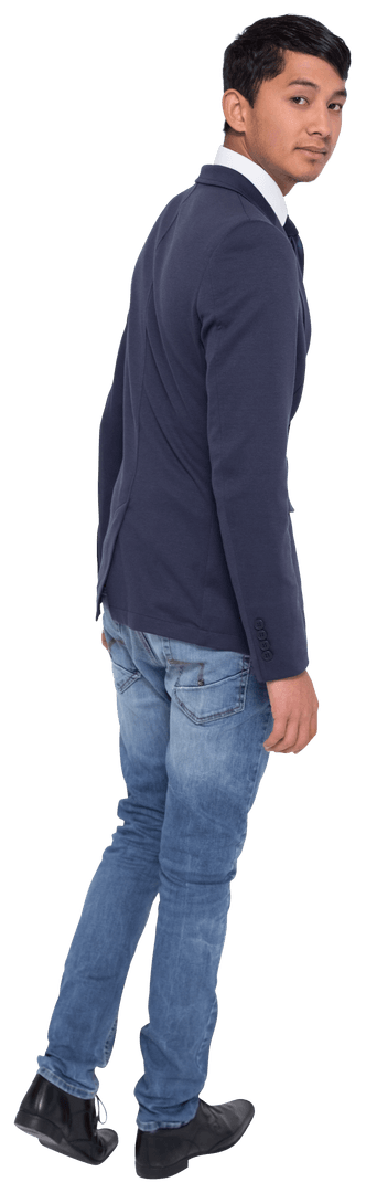 Young Businessman in Suit and Jeans Turning on Transparent Background